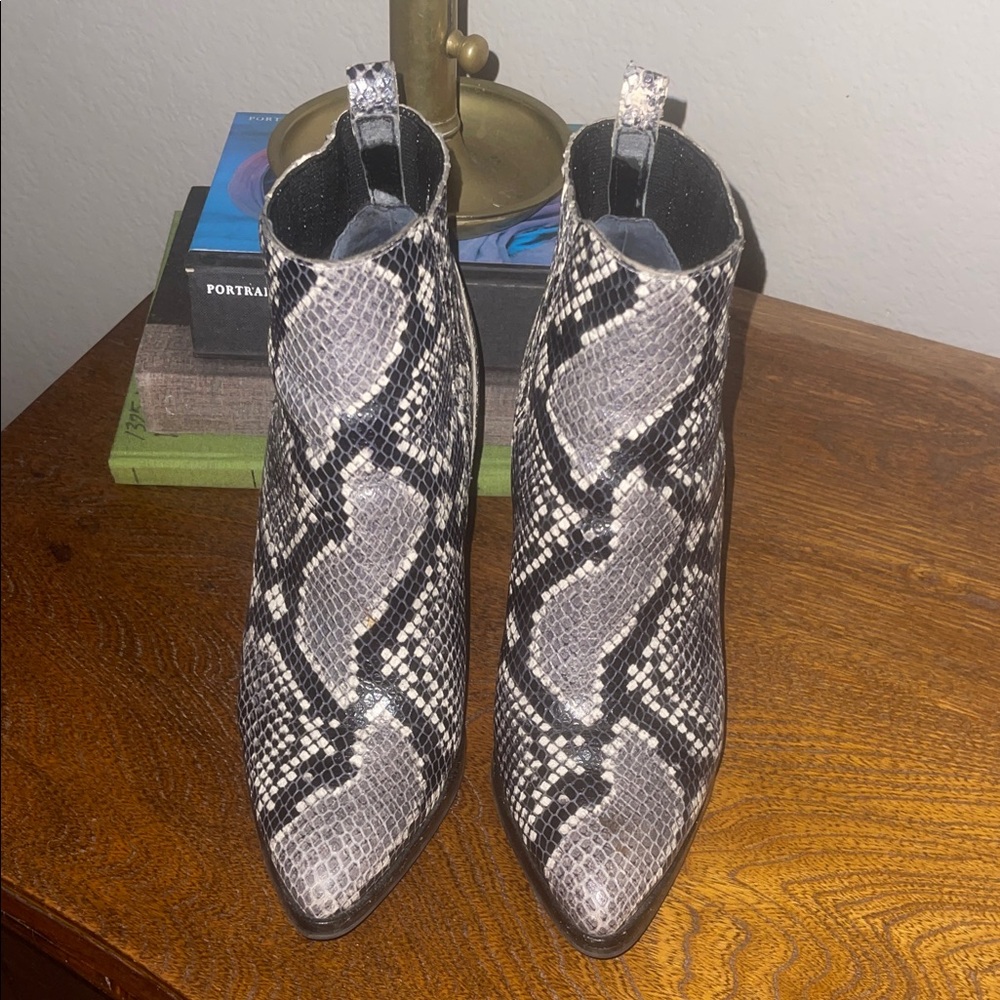 Marc Fisher Snake-Print Pointed Ankle Boots in Gray and Black